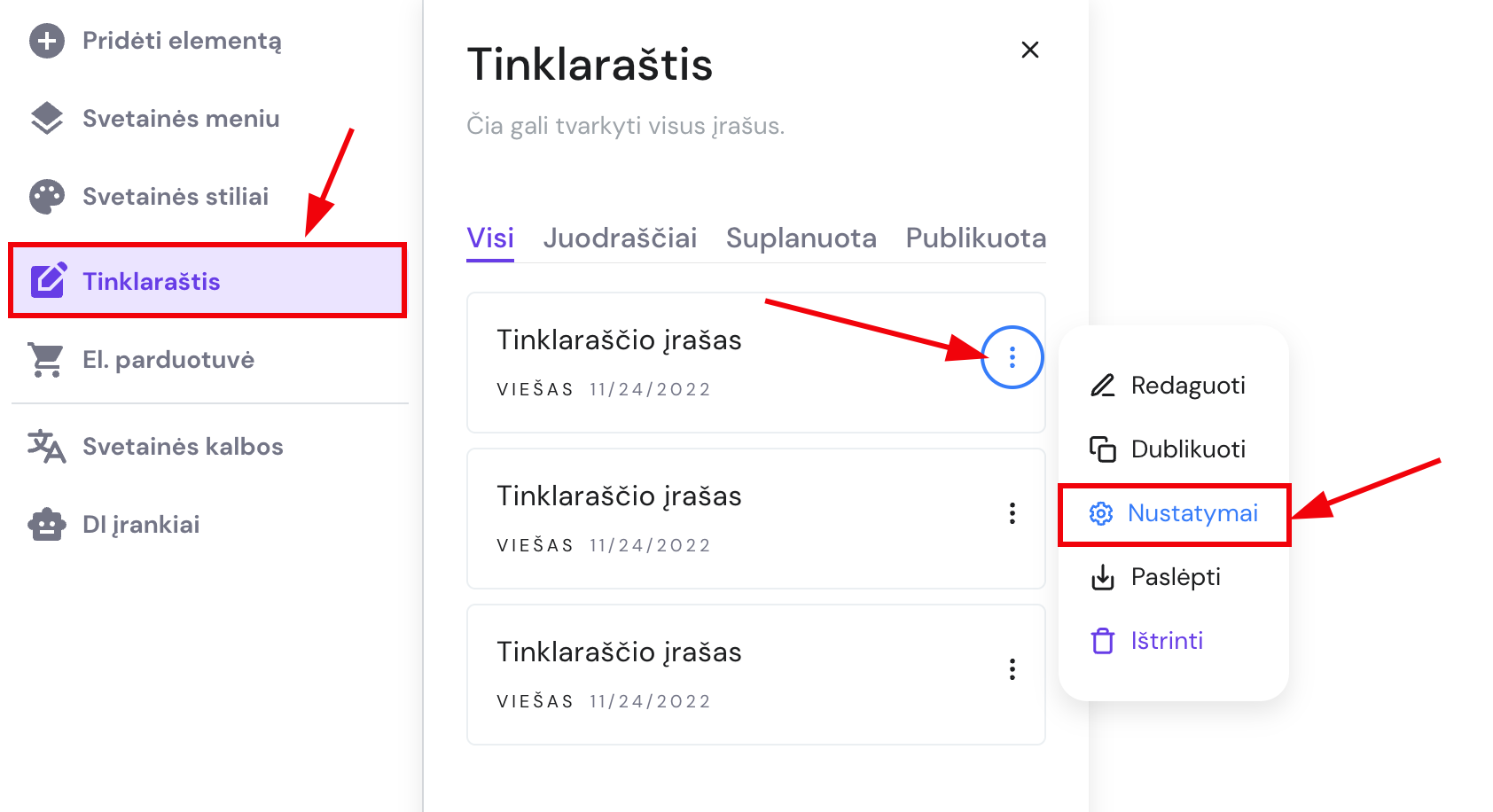 Tinklaraščio įrašo nustatymai Hostinger svetainių kūrimo įrankyje