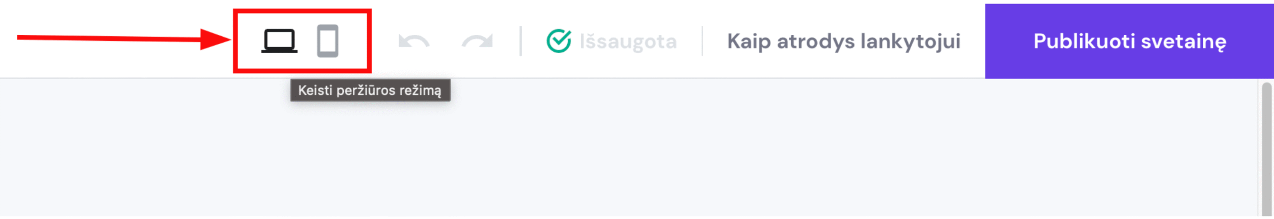 Peržiūros režimo keitimas Hostinger svetainių kūrimo įrankyje