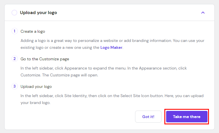 The steps to upload a logo using Hostinger plugin