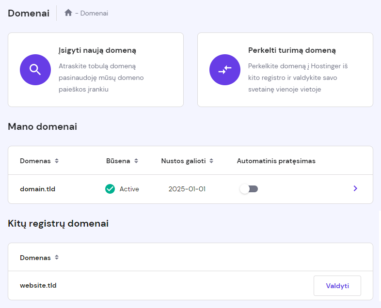 Puslapyje Domenai esanti informacija ir parinktys