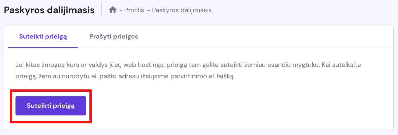 Prieigos prie Hostinger paskyros suteikimas