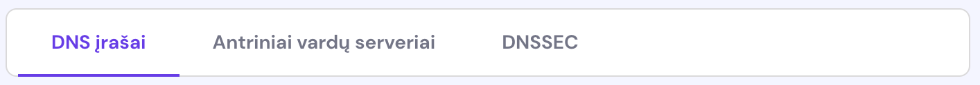 Domeno valdymo zonoje esančios skiltys: DNS įrašai, antriniai vardų serveriai ir DNSSEC
