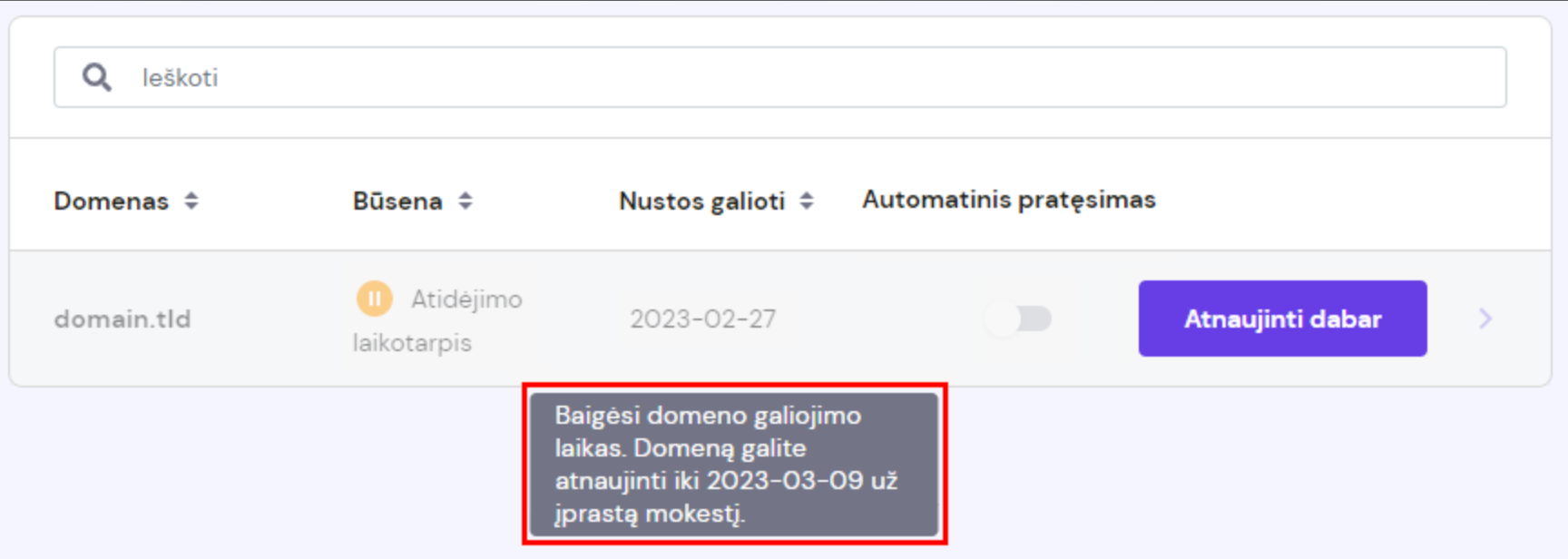 Domenų skiltyje matoma informacija apie domeno statusą