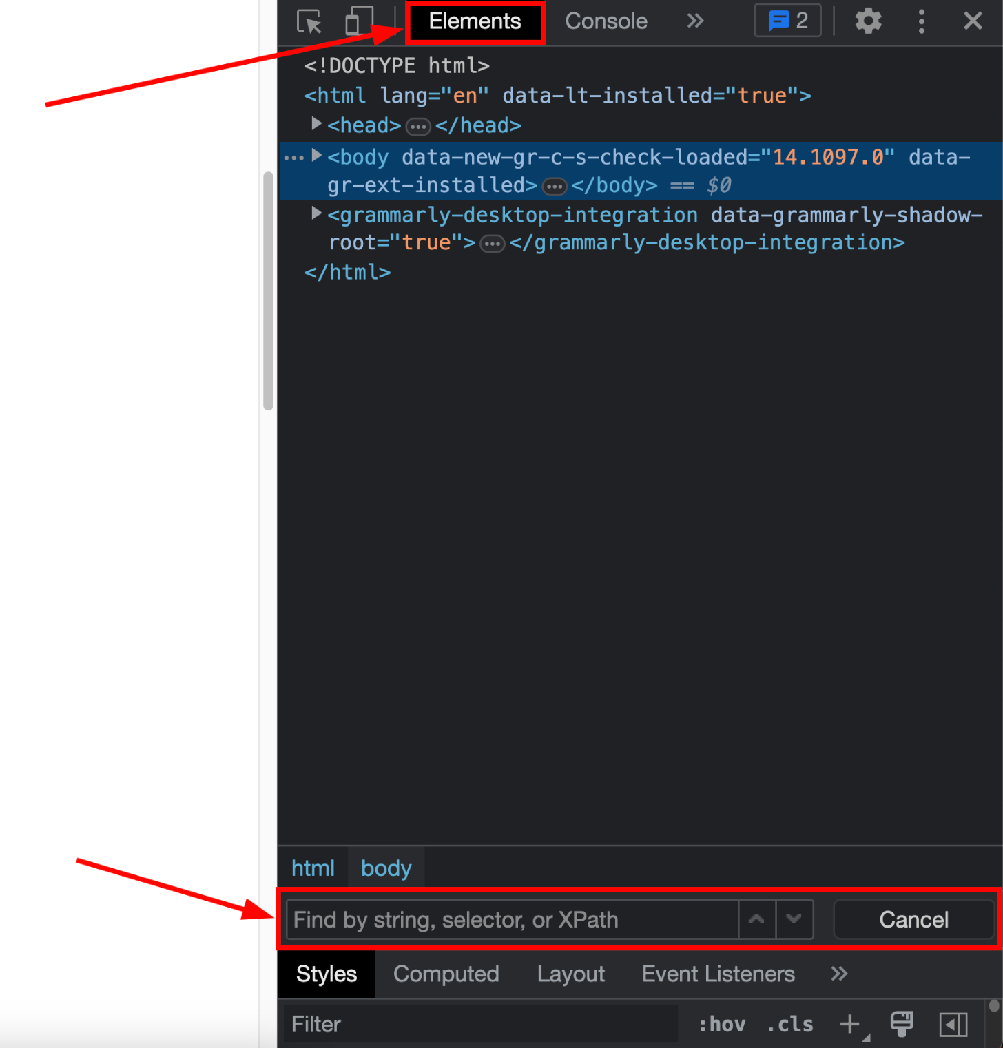 Naršyklės DevTools įrankių juostoje esantis skirtukas Elements ir jame matomas paieškos laukelis
