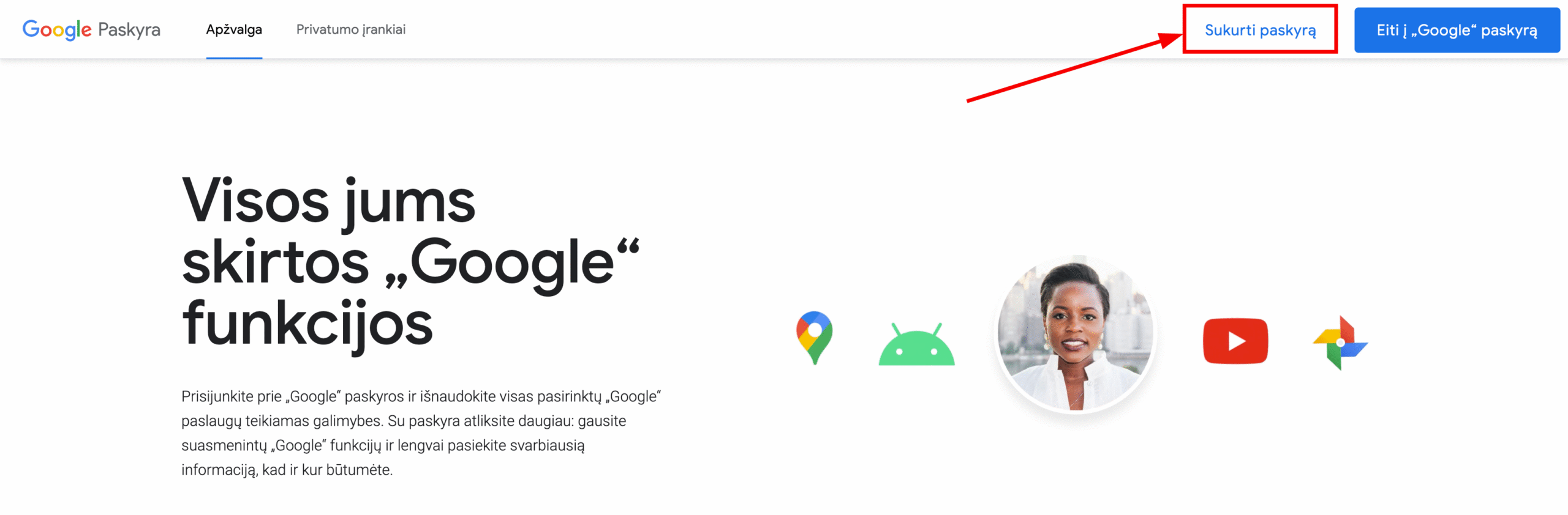 Naujos Google paskyros kūrimas