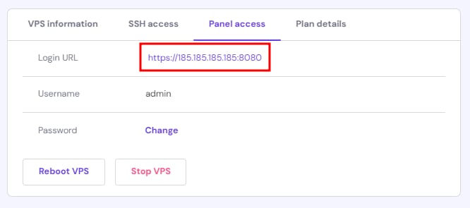 hPanel VPS valdymo sritis, kurioje rodomas prieigos prie skydelio skirtukas ir prisijungimo URL