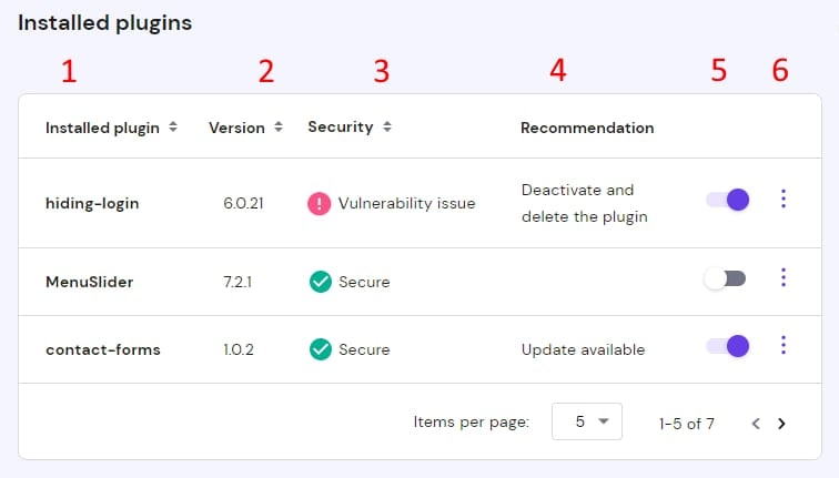 The Installed plugins section on the WordPress Security option