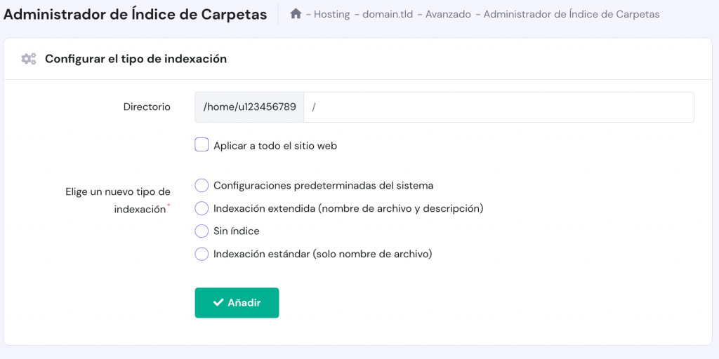 La p&aacute;gina Administrador de &iacute;ndices de carpetas en hPanel