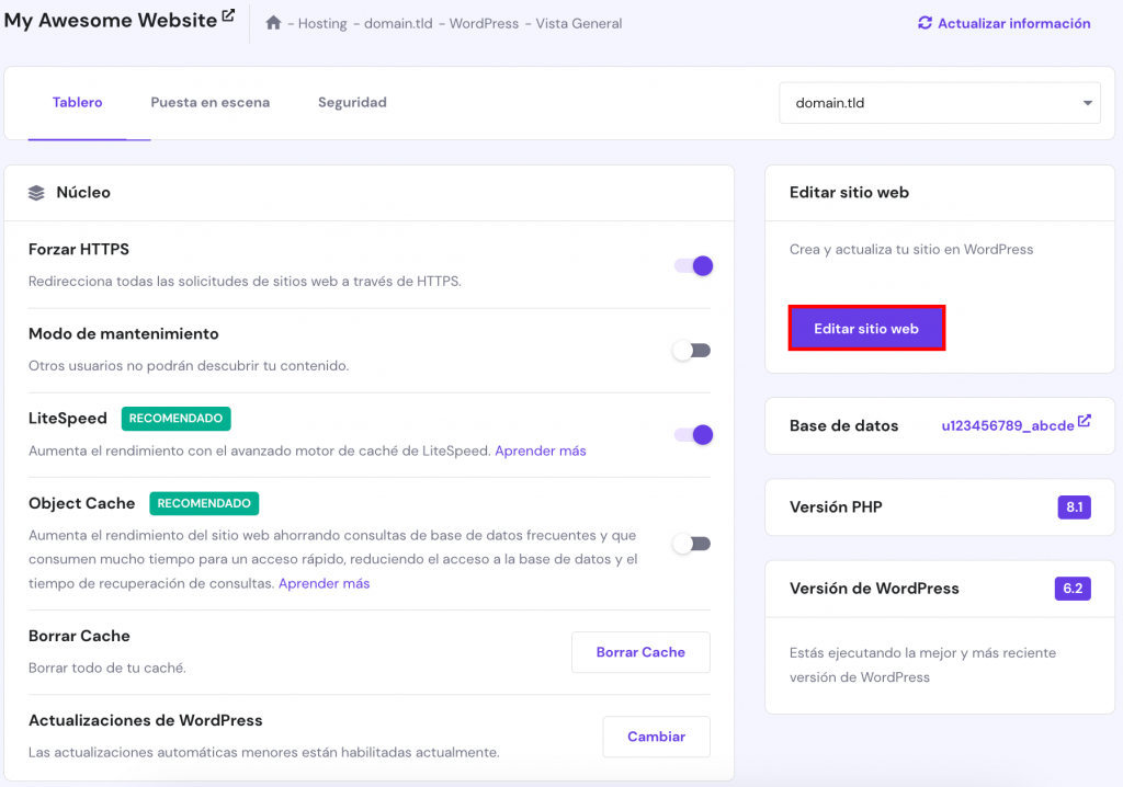 Secci&oacute;n Panel de WordPress en hPanel con el bot&oacute;n Editar sitio web resaltado