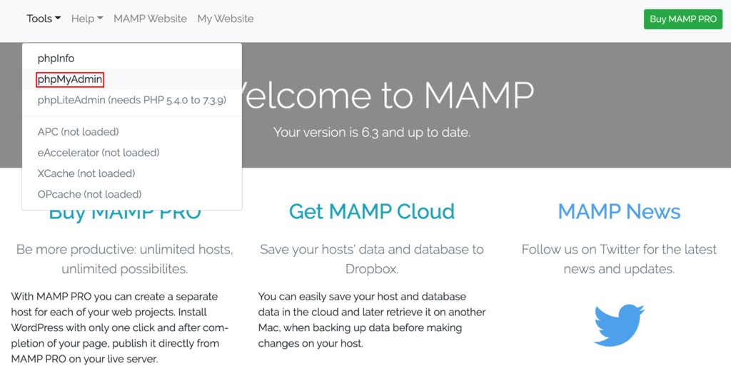 phpMyAdmin en la aplicaci&oacute;n de MAMP