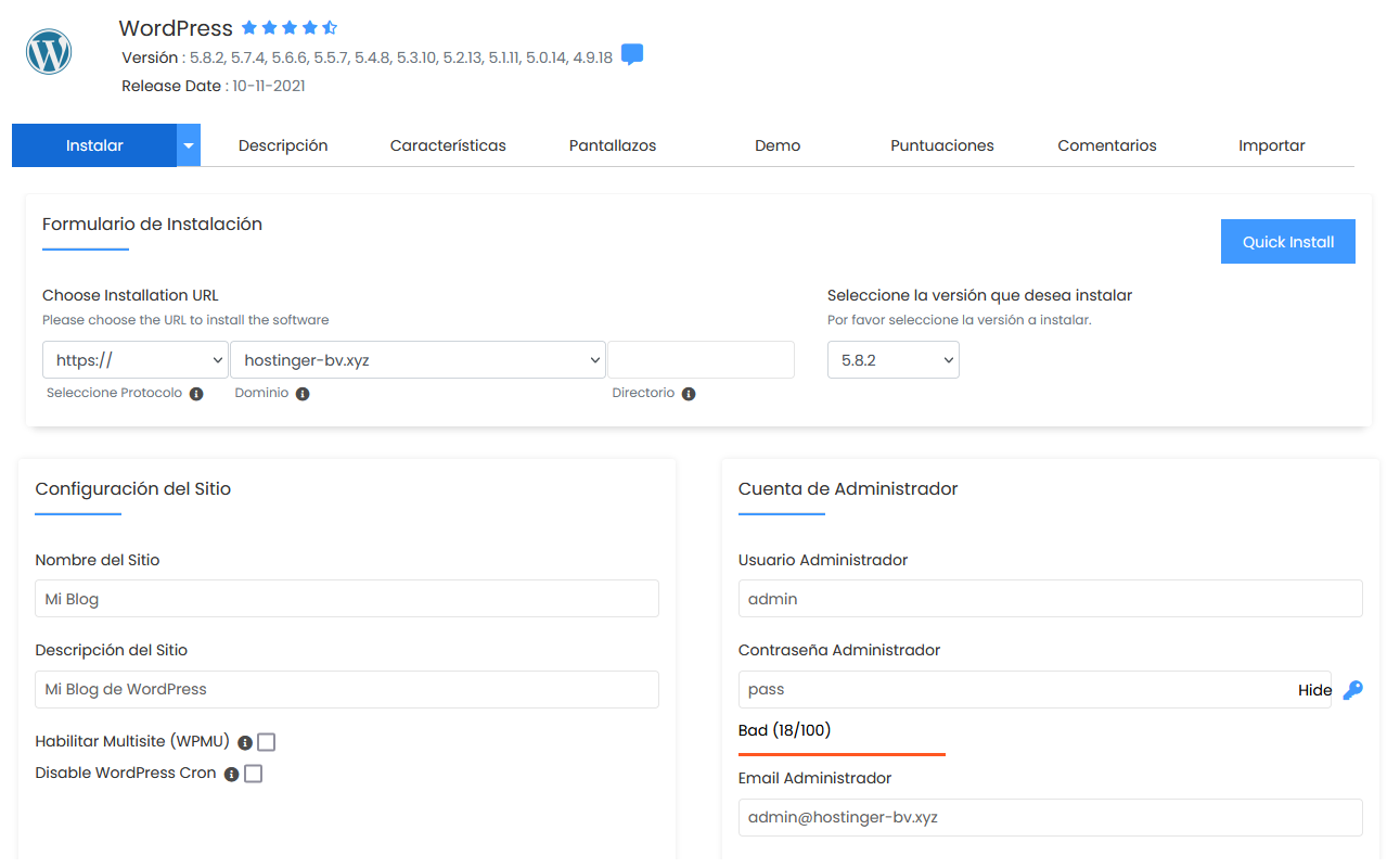 Formulario de instalaci&oacute;n de WordPress en Softaculous