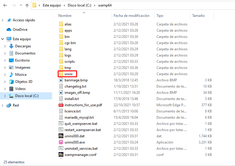 Carpeta de instalaci&oacute;n de WordPress en Windows