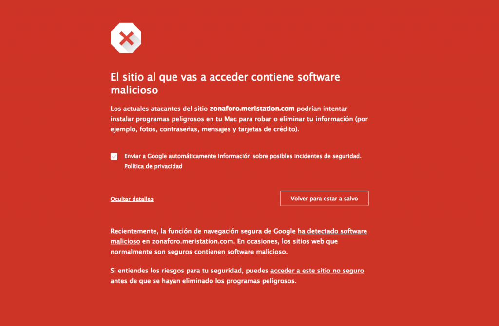 Ejemplo del mensaje de software malicioso