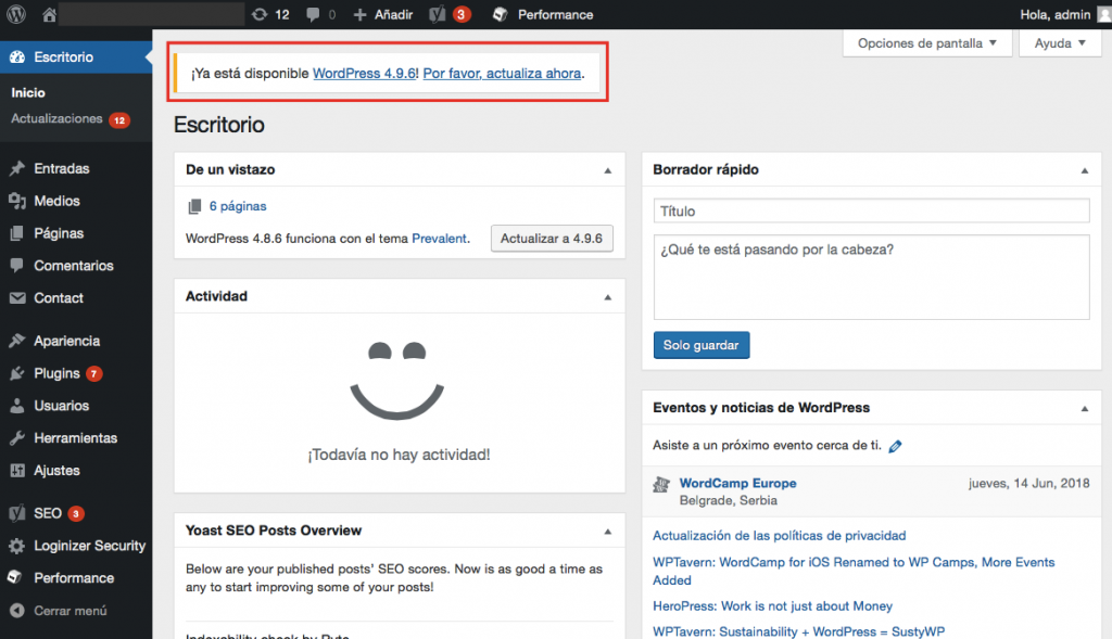 Notificaci&oacute;n de actualizaci&oacute;n de wordpress en el panel de administraci&oacute;n