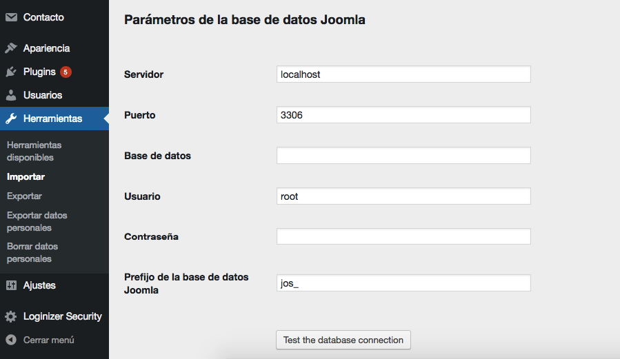Ingresando la configuraci&oacute;n de tu base de datos Joomla.