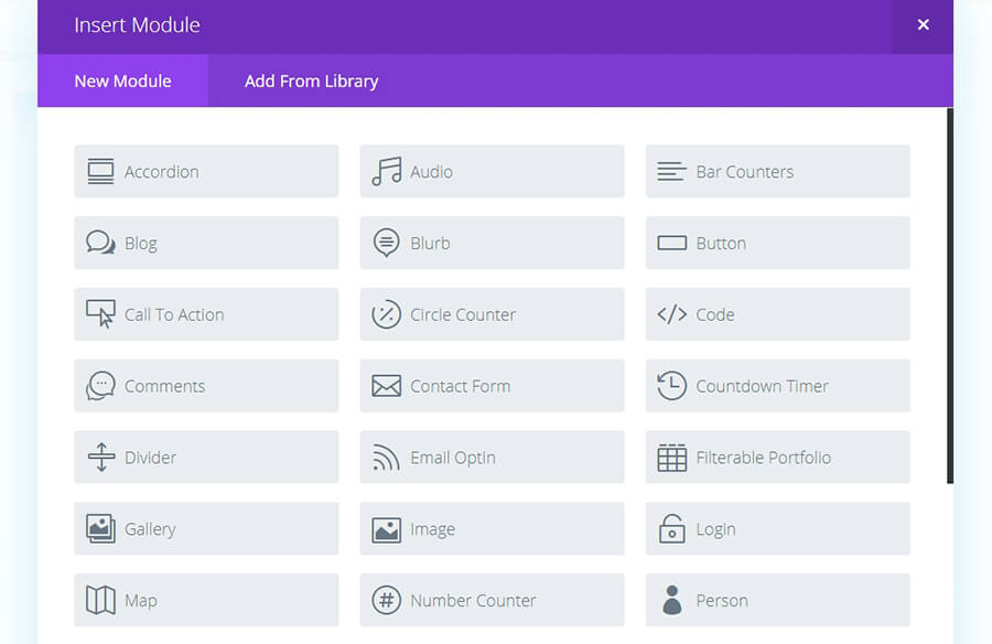 Algunos de los m&oacute;dulos que ofrece Divi.