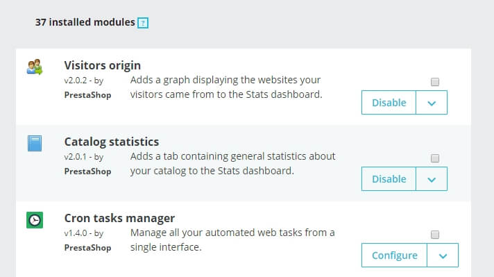 Algunos ejemplos de m&oacute;dulos de PrestaShop.