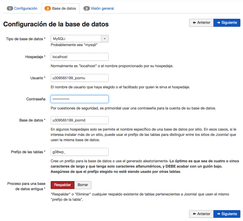 Instalar Joomla manualmente - configuraci&oacute;n de base de datos MySQL