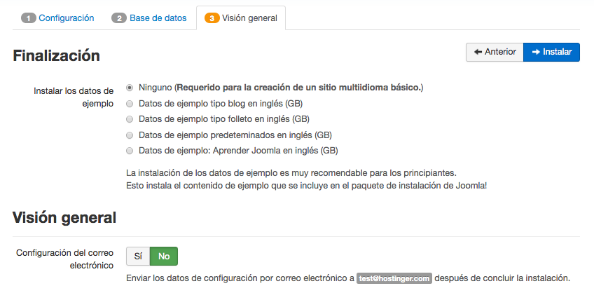 Instalaci&oacute;n manual de Joomla - paso final