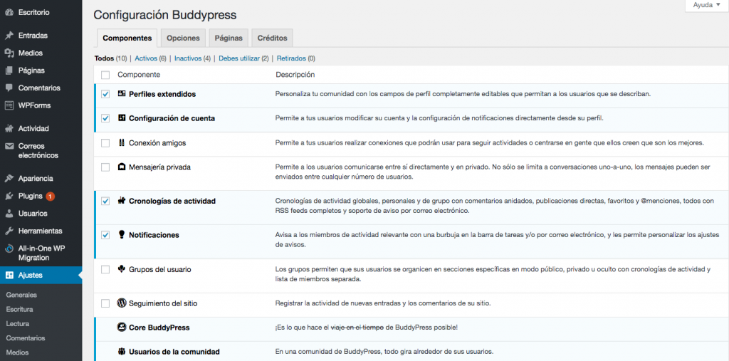 P&aacute;gina de componentes de BuddyPress