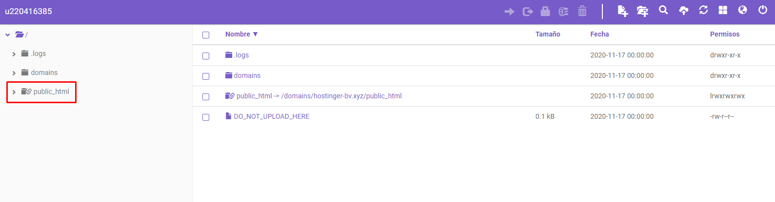 Carpeta public_html en el Administrador de archivos