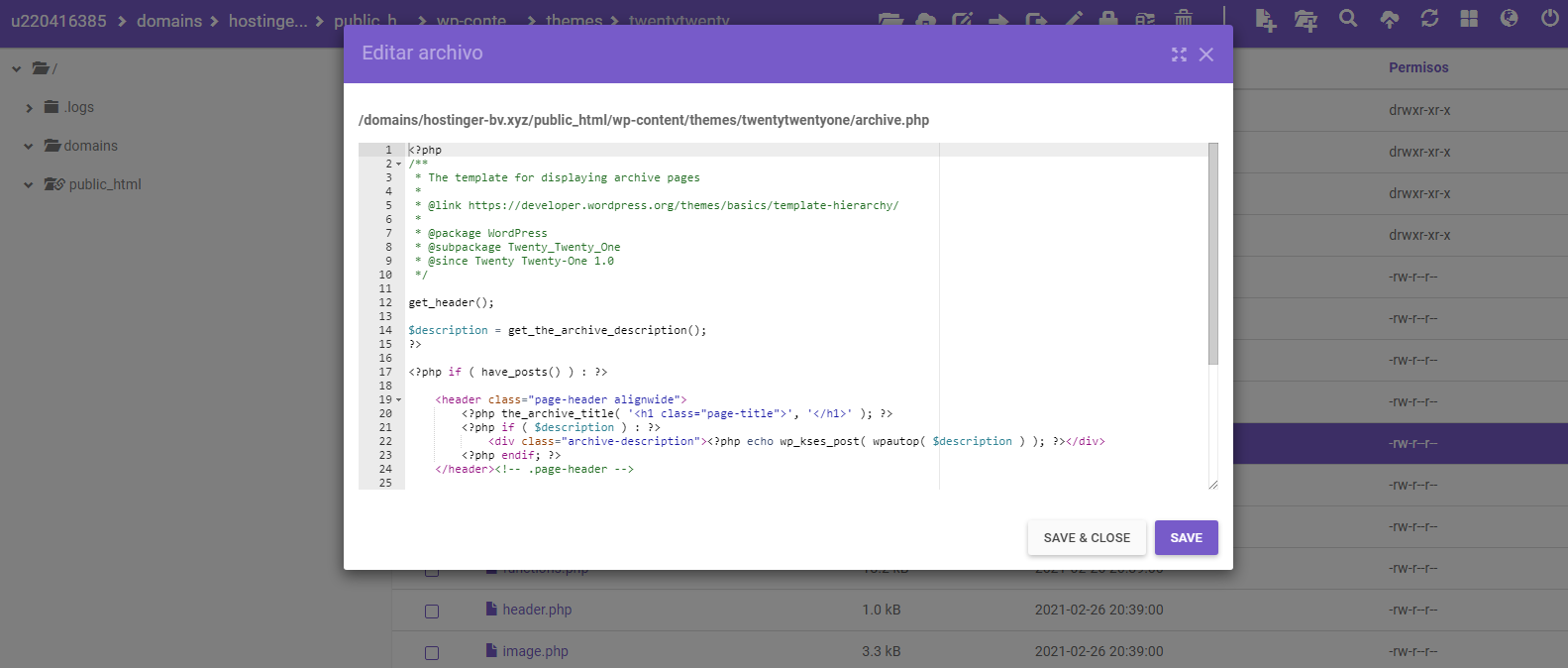 Editar plantilla de WordPress en el Administrador de archivos