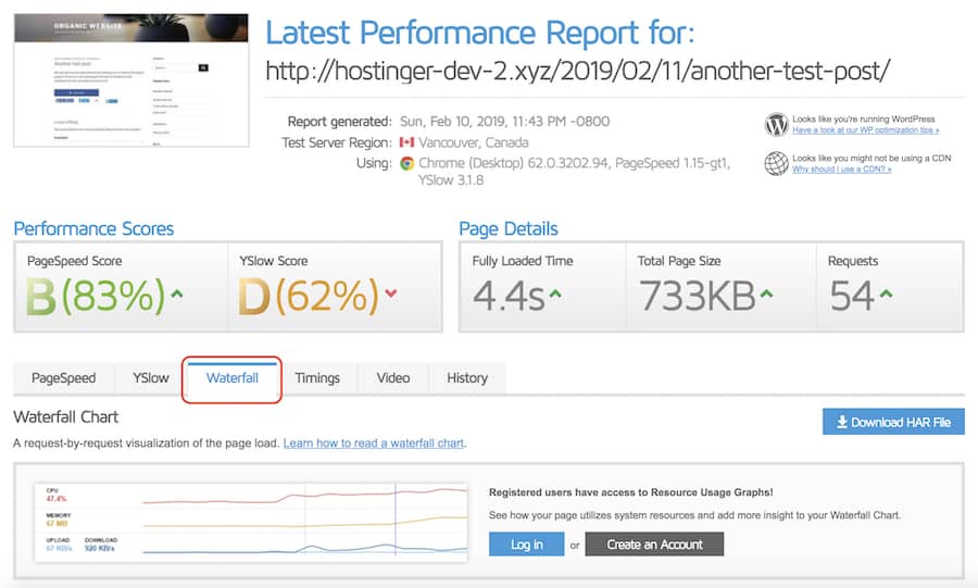 GTmetrix diagnostica el sitio usando la pesta&ntilde;a de waterfall
