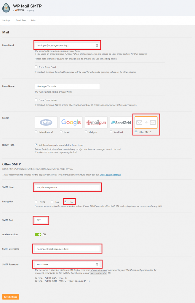 Configuraci&oacute;n del complemento WTP Mail SMTP
