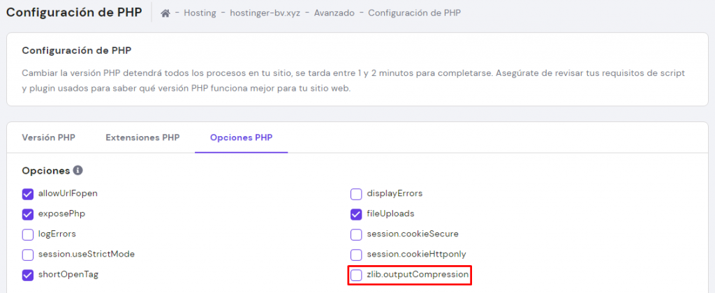 Captura de la configuraci&oacute;n de PHP que muestra zlib.output_Compression desactivado