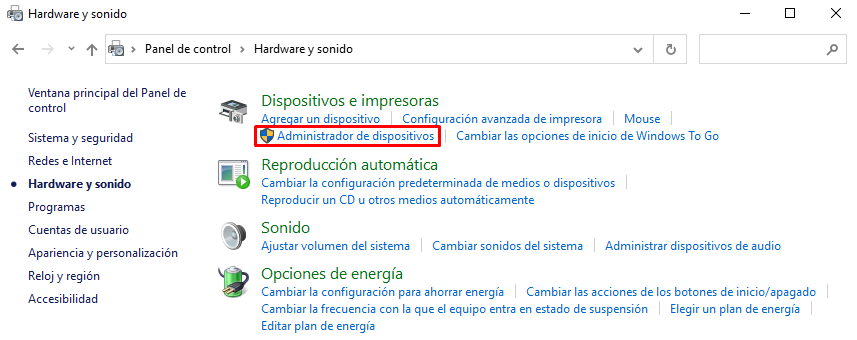 Administrador de dispositivos en Hardware y sonido de Windows