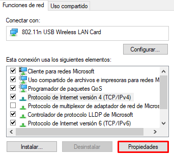 Propiedades de red en Windows