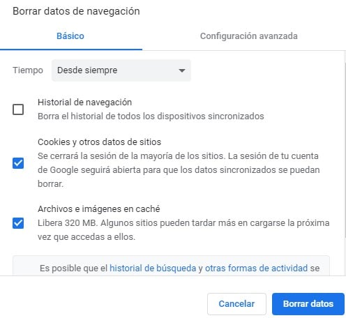 Visualización de la ventana para borrar los datos de navegación