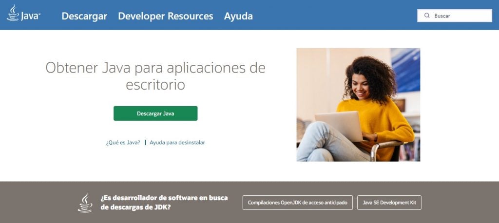 Página web principal de Java