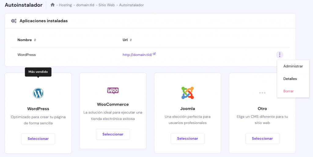 La p&aacute;gina del Autoinstalador en hPanel con el bot&oacute;n de administrar WordPress resaltado.