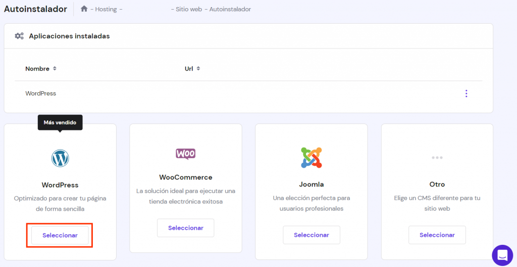 El menú de instalación automática en hPanel