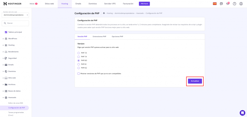 Actualiza versi&oacute;n PHP en hPanel
