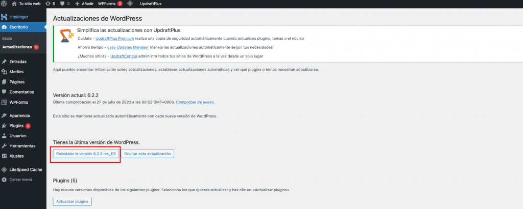 Bot&oacute;n de actualizar WordPress