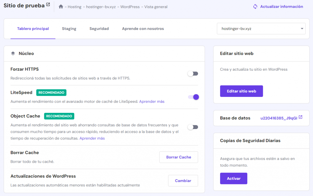 Tablero de WordPress en hPanel.