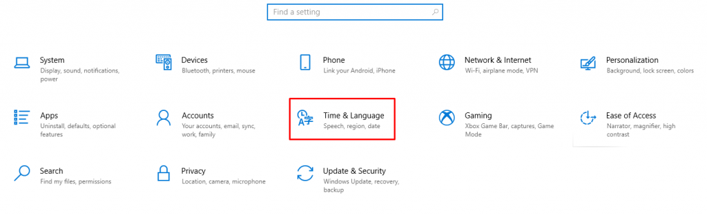La opción Hora e idioma del menú de configuración de Windows