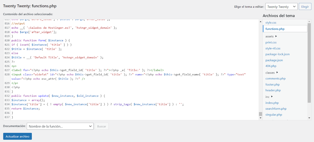 Secci&oacute;n Functions.php en apariencia de WordPress