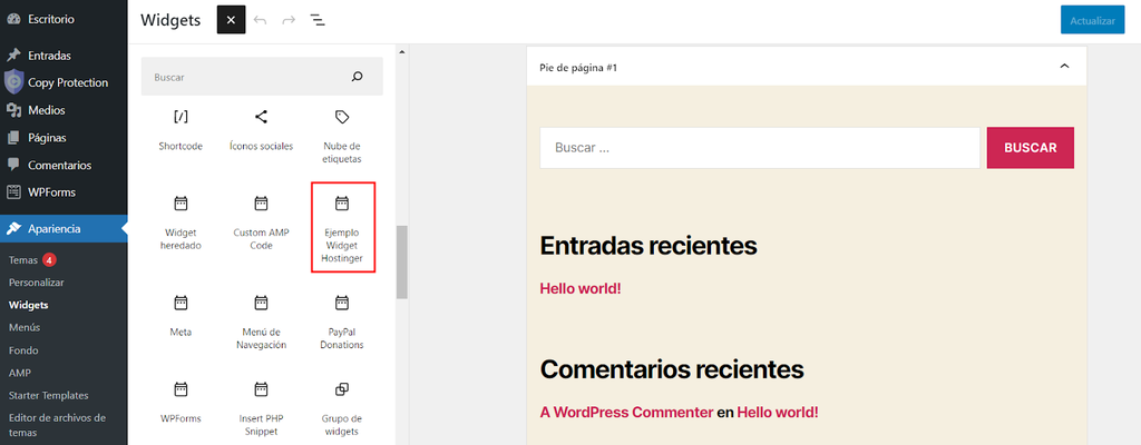 Secci&oacute;n de Widgets de WordPress