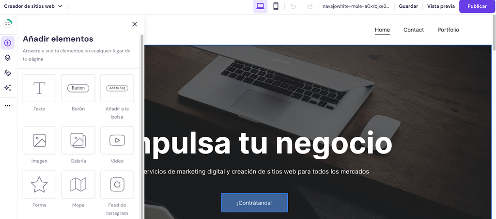 Sección de añadir elementos del constructor de Hostinger