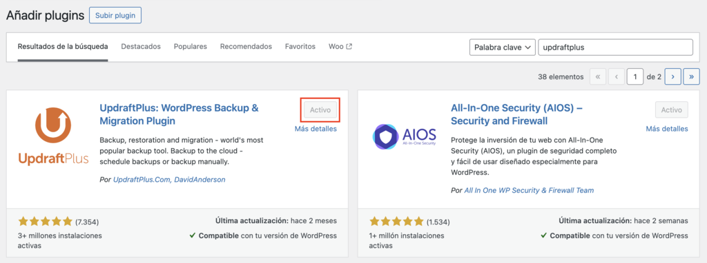 Sección de Añadir plugins de WP
