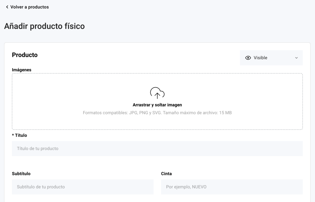 Secci&oacute;n para a&ntilde;adir producto f&iacute;sico del Creador de Hostinger