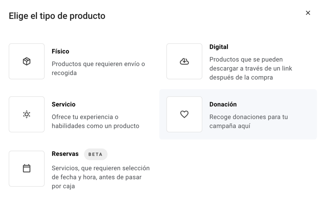Elegir el tipo de producto a a&ntilde;adir en el Creador de Hostinger