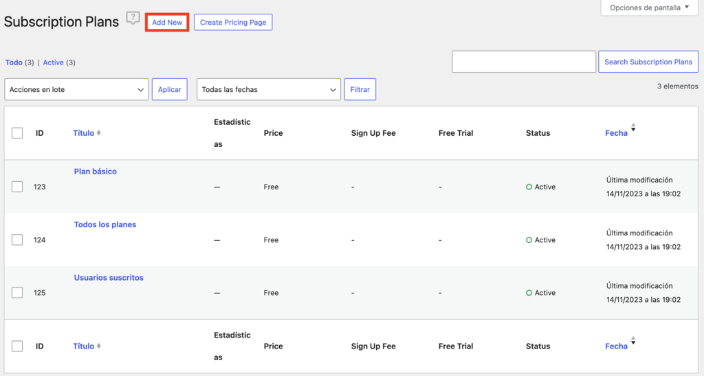Secci&oacute;n Planes de suscripci&oacute;n de Paid Member Subscriptions