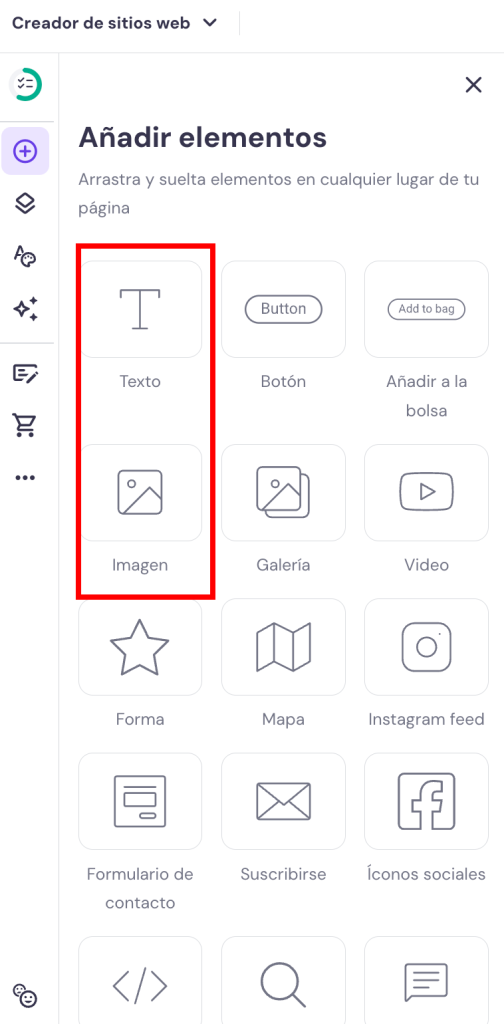 A&ntilde;adir elementos con el Creador de sitios web de Hostinger