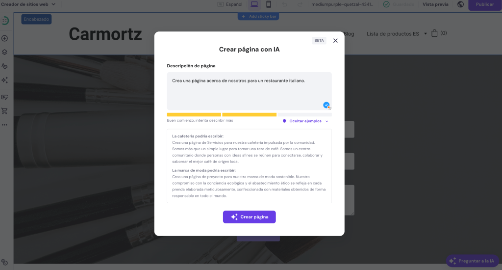 Crear p&aacute;ginas con iA del Creador de sitios web de Hostinger