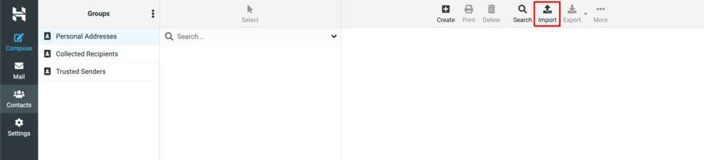 Botón de importar en el correo de Hostinger