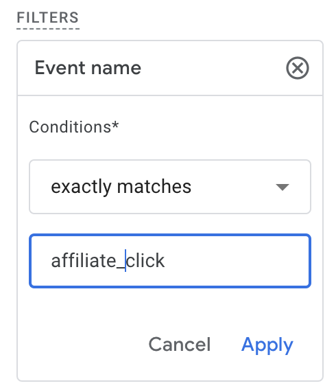 Filtros del evento creado en Explorar en GA4